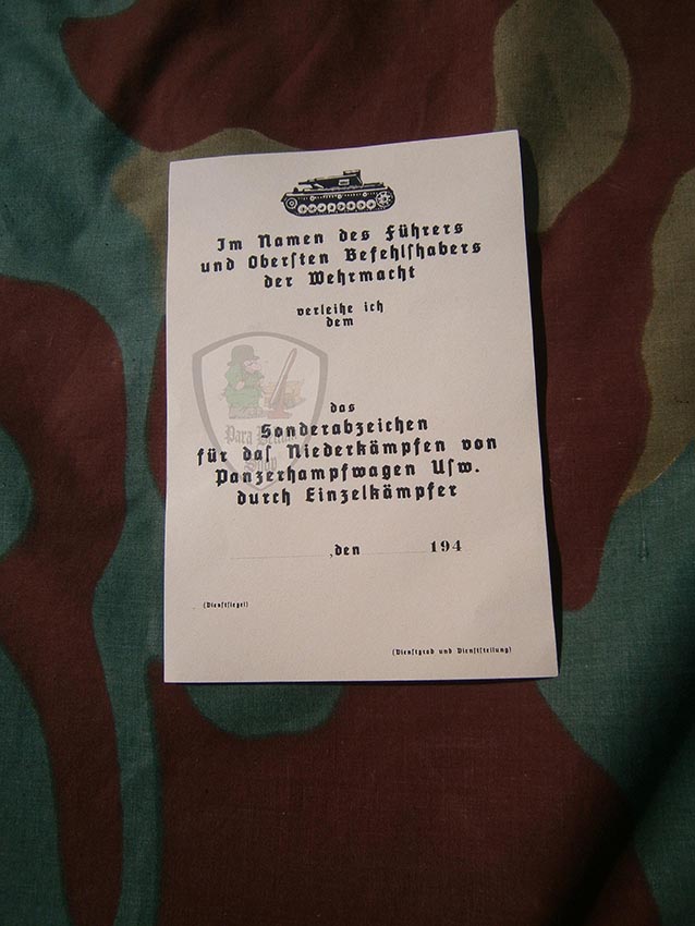 Tank destruction badge in silver certificate Tank destruction badge in silver certificate